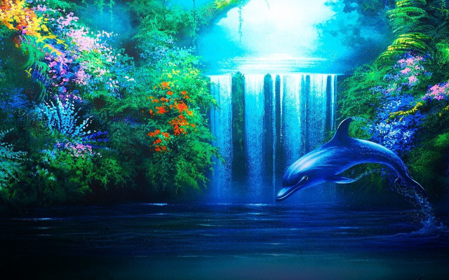 Dolphin jumping waterfall river background free wallpaper for desktop - medium preview image