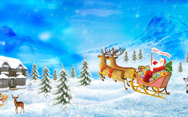 Santa claus sleigh reindeers house free wallpaper for desktop - medium preview image