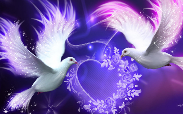 Doves heart flowers sparkles purple free wallpaper for desktop - medium preview image
