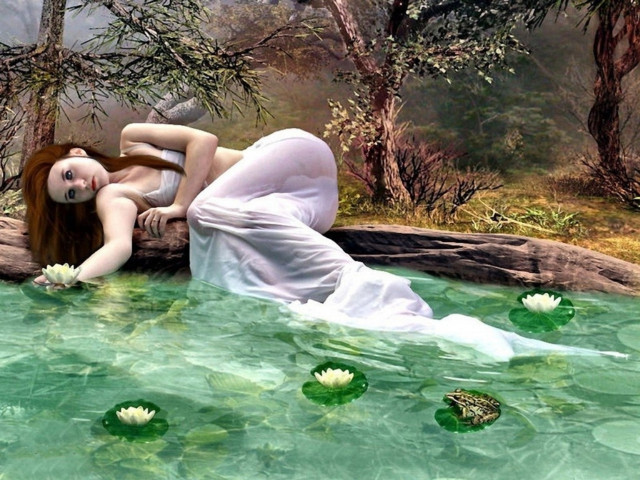 Woman laying log pond lily free wallpaper for desktop - medium preview image