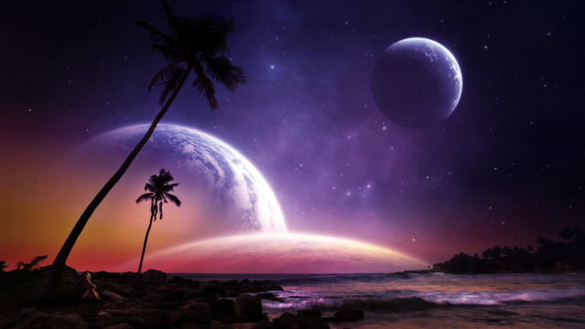 Planet palm tree beach night free wallpaper for desktop - medium preview image