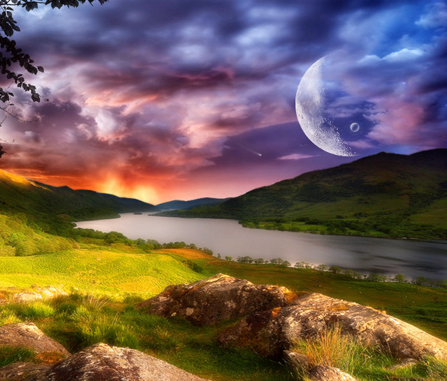 Landscape lake moon purple blue free wallpaper for desktop - medium preview image