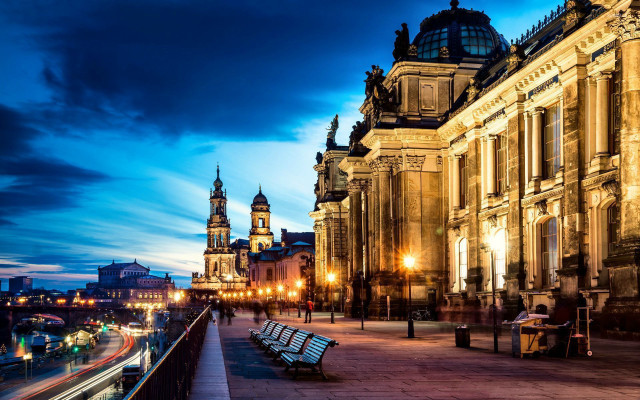 City street bench clock tower free wallpaper for desktop - medium preview image