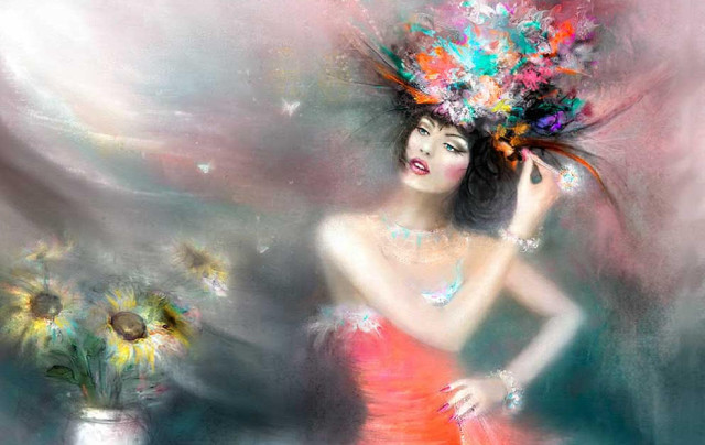 Woman red dress flower hair #5 free wallpaper for desktop - medium preview image