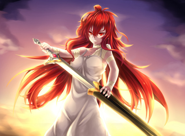 Woman red hair holding sword free wallpaper for desktop - medium preview image