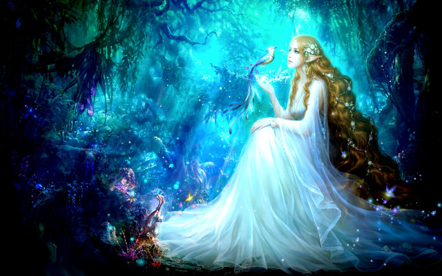Woman white dress forest bird #3 free wallpaper for desktop - medium preview image