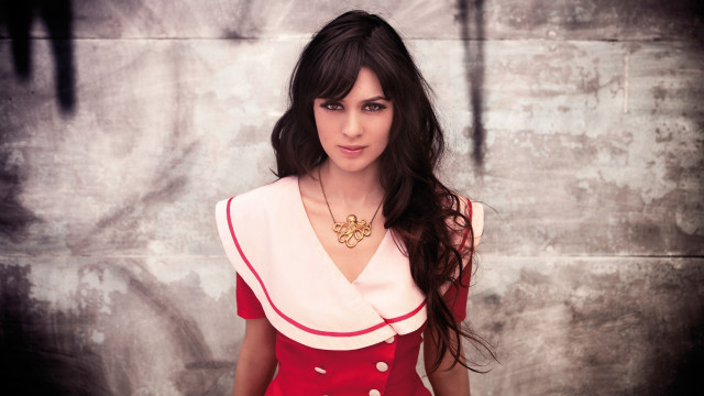 Woman red dress pose wall free wallpaper for desktop - medium preview image