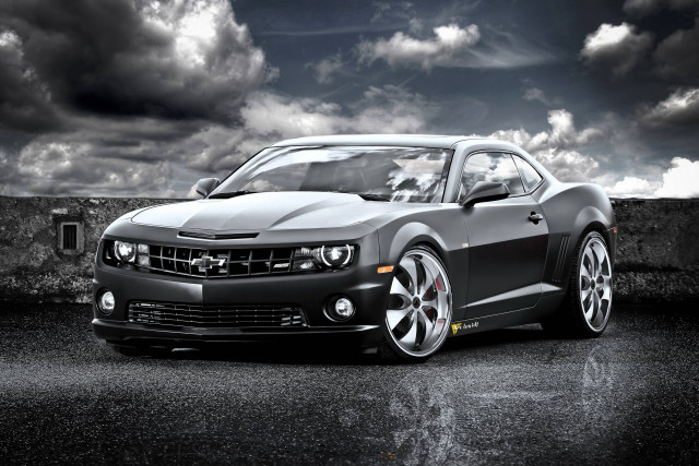 Chevrolet camaro black white cloudy free wallpaper for desktop - medium preview image