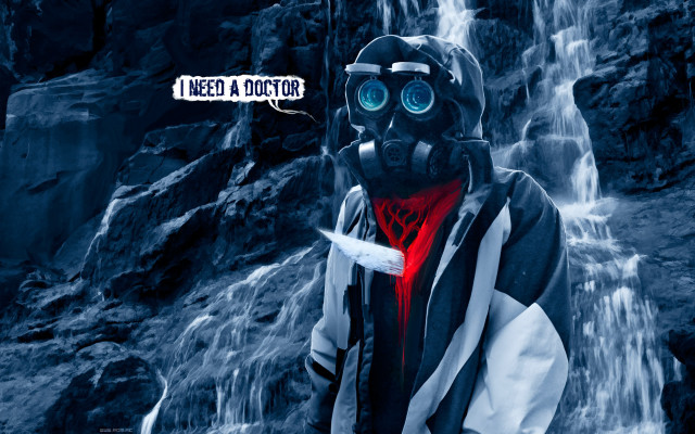 Man gas mask jacket waterfall free wallpaper for desktop - medium preview image
