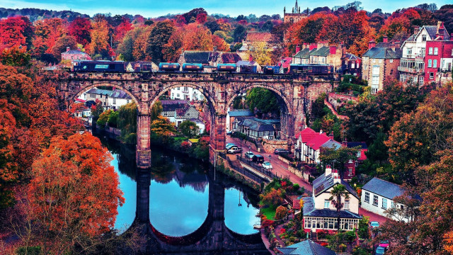 Train bridge river town autumn free wallpaper for desktop - medium preview image