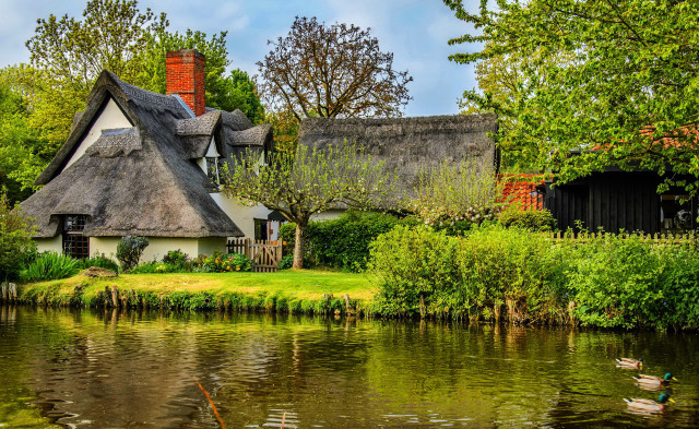 Thatched roof house pond duck #2 free wallpaper for desktop - medium preview image
