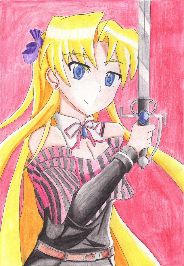 Girl sword bow drawing pink free wallpaper for mobile - medium preview image