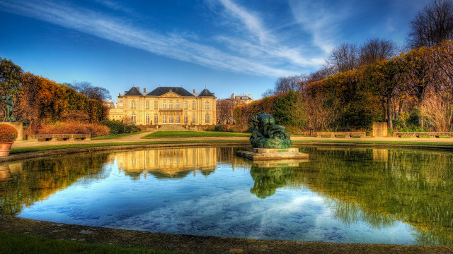 Neoclassical building pond statue matte free wallpaper for desktop - medium preview image