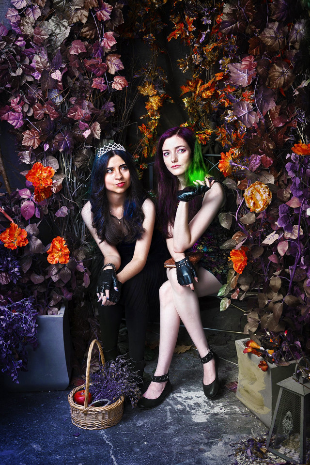 Two women black flower display free wallpaper for mobile - medium preview image