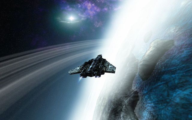 Spaceship flying planet star lightbeam free wallpaper for desktop - medium preview image