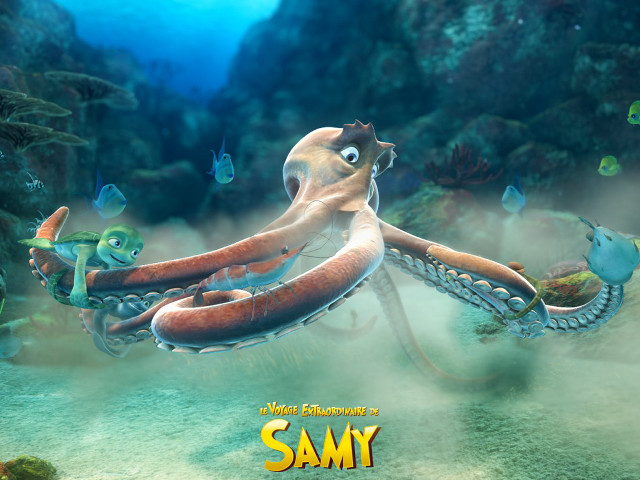 Cartoon octopus swimming ocean fish free wallpaper for desktop - medium preview image