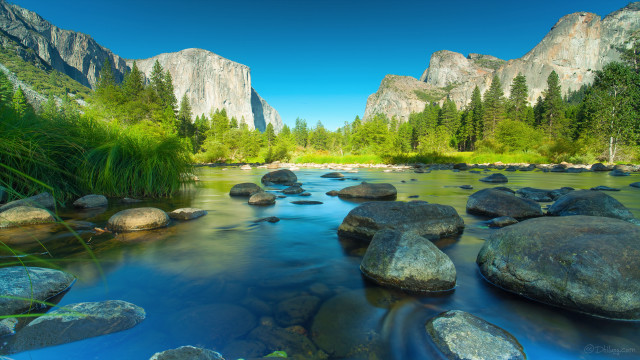 River rocks grass mountains trees free wallpaper for desktop - medium preview image