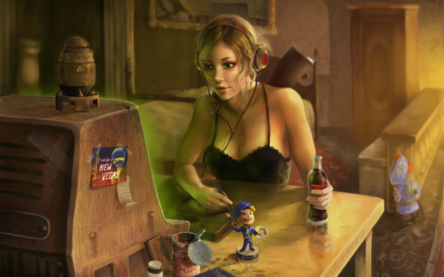 Woman sitting table beer toy free wallpaper for desktop - medium preview image