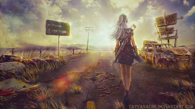 Woman walking road broken car free wallpaper for desktop - medium preview image