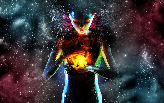 Woman holding fire space background free wallpaper for desktop - medium preview image