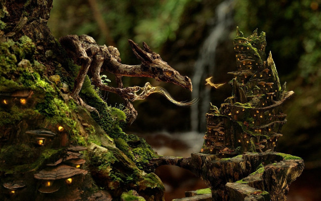Dragon statue forest waterfall mossy free wallpaper for desktop - medium preview image