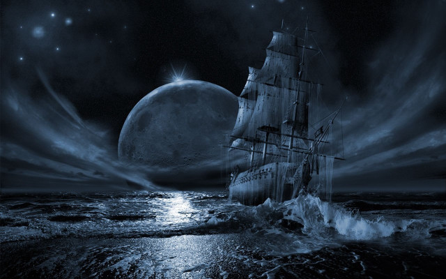Ship sailing ocean night moon free wallpaper for desktop - medium preview image