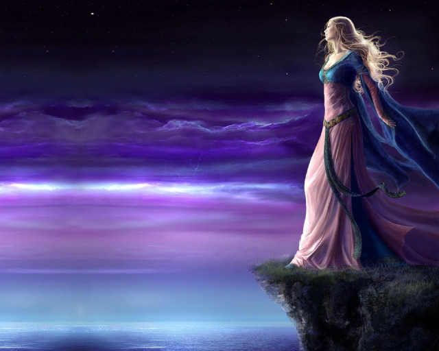 Woman cliff ocean night purple free wallpaper for desktop - medium preview image