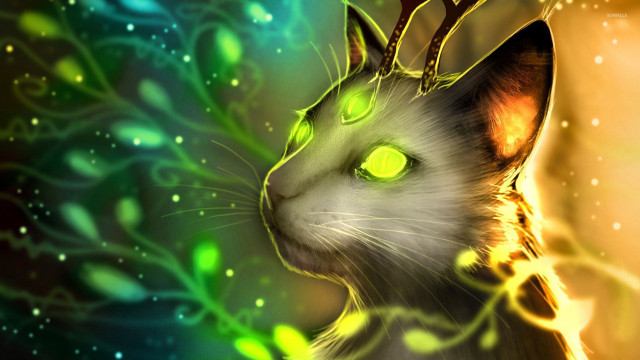 Cat glowing eyes green background free wallpaper for desktop - medium preview image
