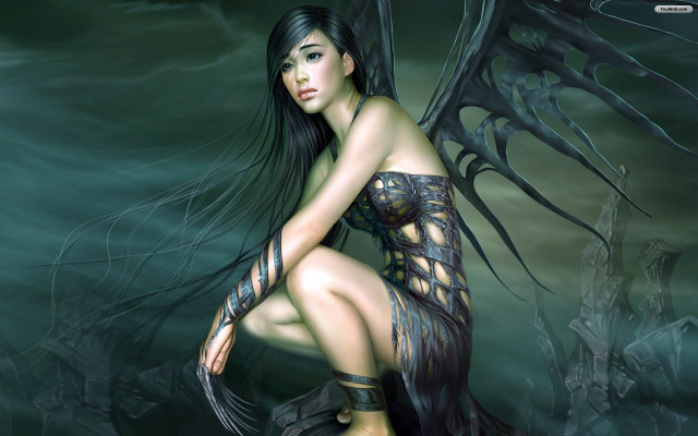 Woman dragon wings kneeling water free wallpaper for desktop - medium preview image
