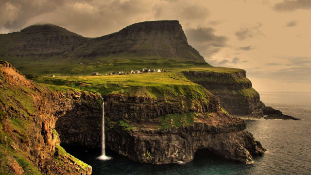 Waterfall ocean cliff grassy landscape #2 free wallpaper for desktop - medium preview image
