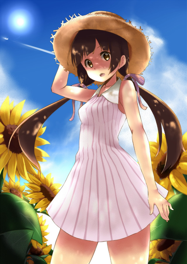 Woman dress hat sunflower field free wallpaper for mobile - medium preview image