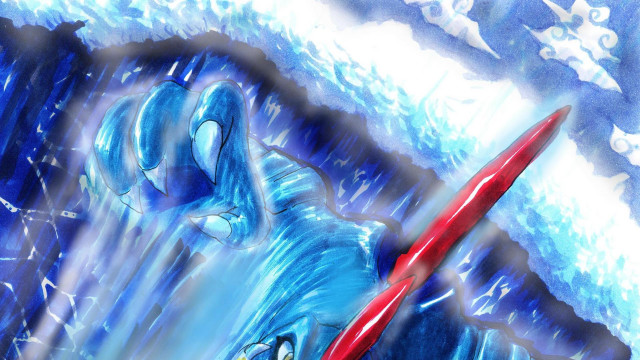 Blue white painting person sword free wallpaper for desktop - medium preview image