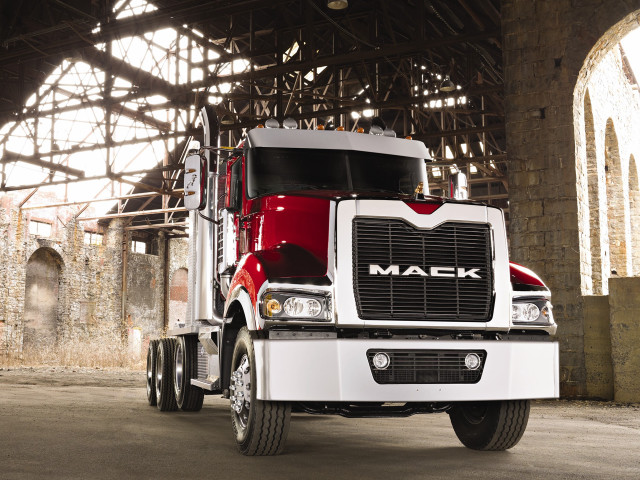 Red white mack truck warehouse free wallpaper for desktop - medium preview image