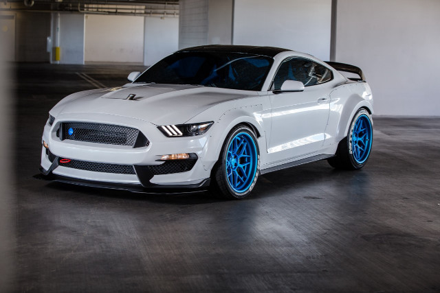 White mustang blue rims garage free wallpaper for desktop - medium preview image