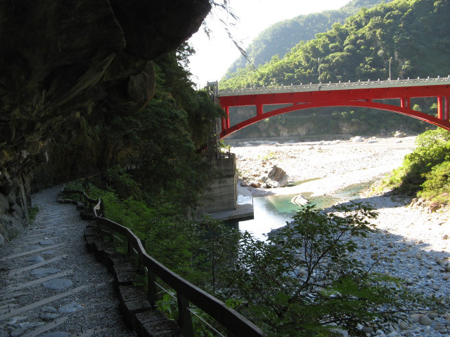 Red bridge river green hillside free wallpaper for desktop - medium preview image