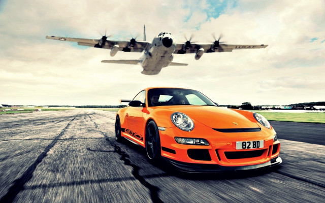 Airplane flying over car runway free wallpaper for desktop - medium preview image