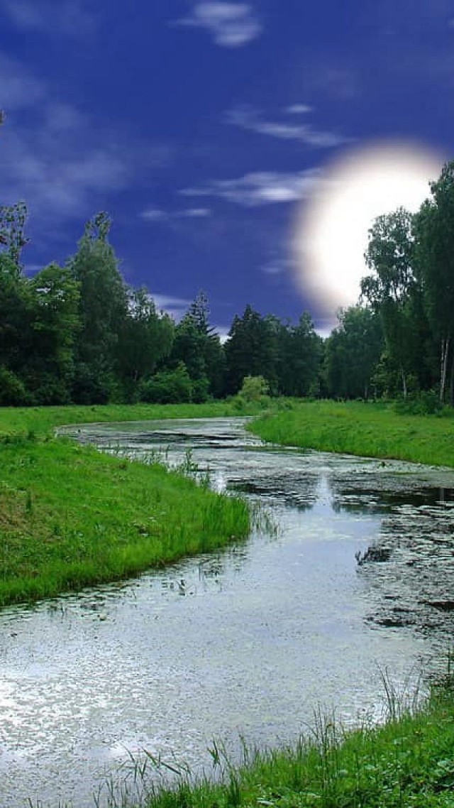 River forest fullmoon mattepainting nature free wallpaper for mobile - medium preview image