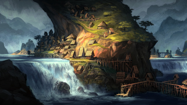 Fantasy landscape waterfall house cliff free wallpaper for desktop - medium preview image