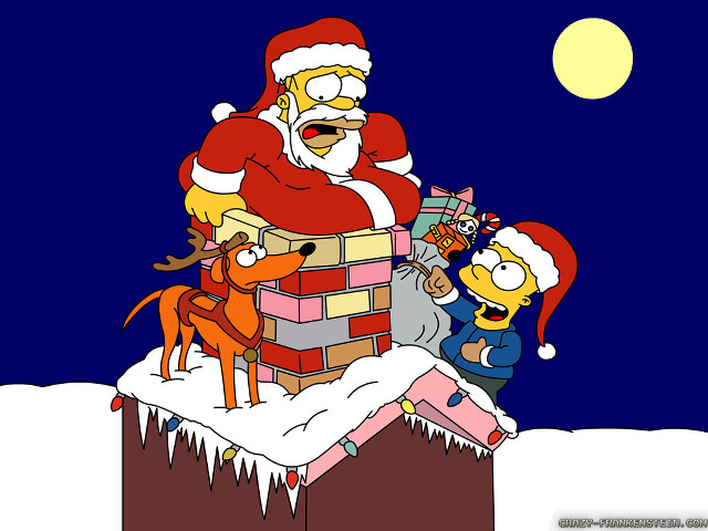 Cartoon santa chimney reindeers presents free wallpaper for desktop - medium preview image