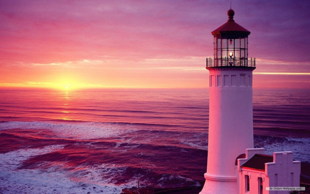 Lighthouse shore sunset pink sky free wallpaper for desktop - medium preview image