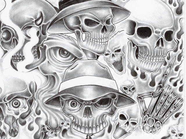 Skulls hat gun drawing artwork free wallpaper for desktop - medium preview image