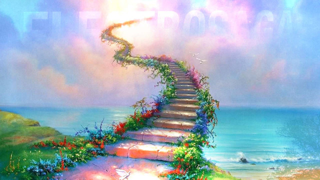 Stairway ocean flowers person walking free wallpaper for desktop - medium preview image