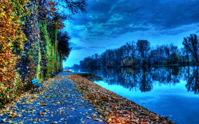 Bench water trees autumn cloudy free wallpaper for desktop - medium preview image