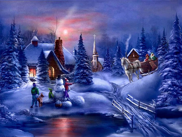 Christmas snowman sleigh people church free wallpaper for desktop - medium preview image