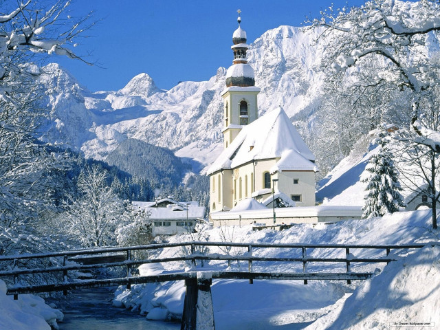 Church snowy mountain bridge forest free wallpaper for desktop - medium preview image