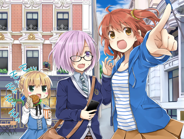 Anime girls building pointing hands free wallpaper for desktop - medium preview image