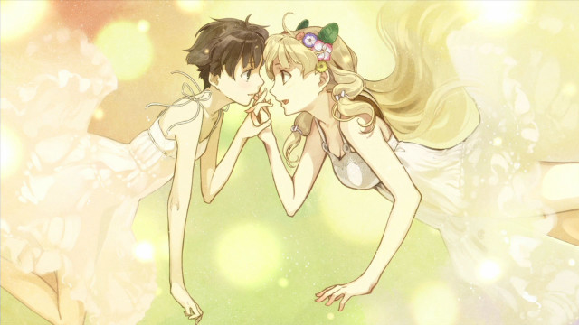 Anime kissing characters green yellow free wallpaper for desktop - medium preview image
