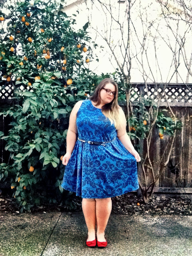 Woman blue dress tree oranges free wallpaper for mobile - medium preview image