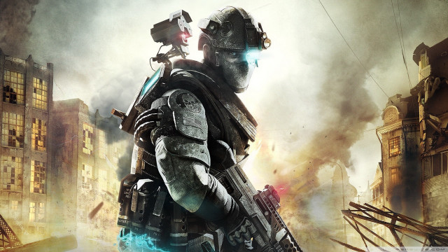 Futuristic man suit gun city #7 free wallpaper for desktop - medium preview image