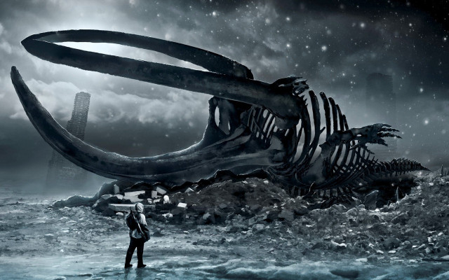 Man dinosaur skeleton ocean sky free wallpaper for desktop - medium preview image